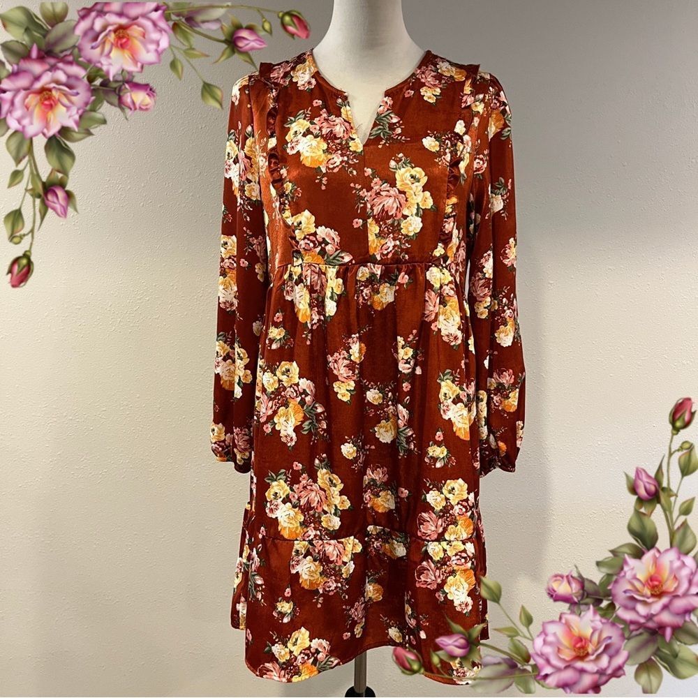 Maurices Floral Long Sleeve Dress in Rust and Pink